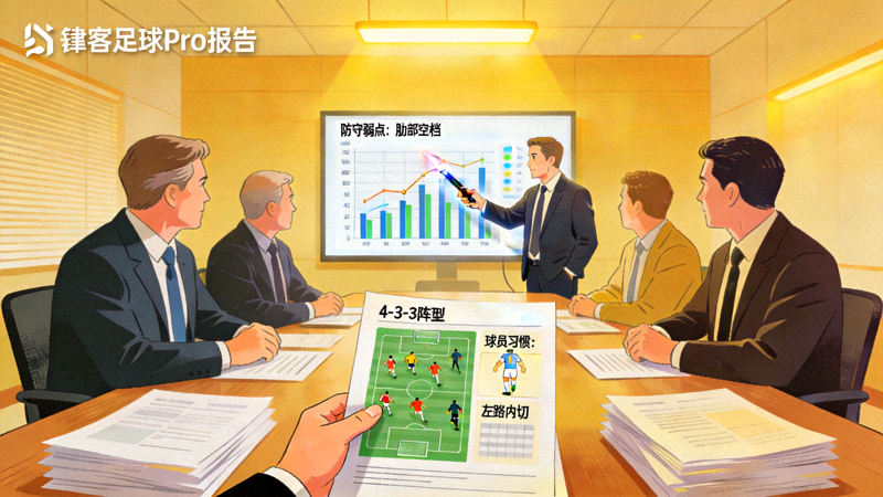 赛前准备会议场景，教练组利用肆客足球Pro报告分析对手阵型弱点与球员习惯