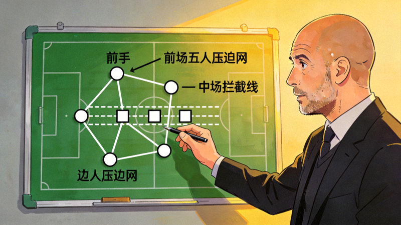 瓜迪奥拉在战术板前讲解高位逼抢阵型，标注出前场五人压迫网与中场拦截线的位置关系
