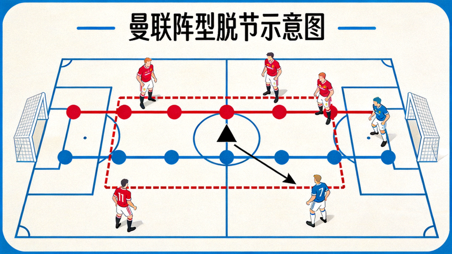 曼联阵型脱节示意图，显示前场压迫线与中场线之间出现巨大空档，对手利用该区域完成关键传球，红色虚线标出脱节区域