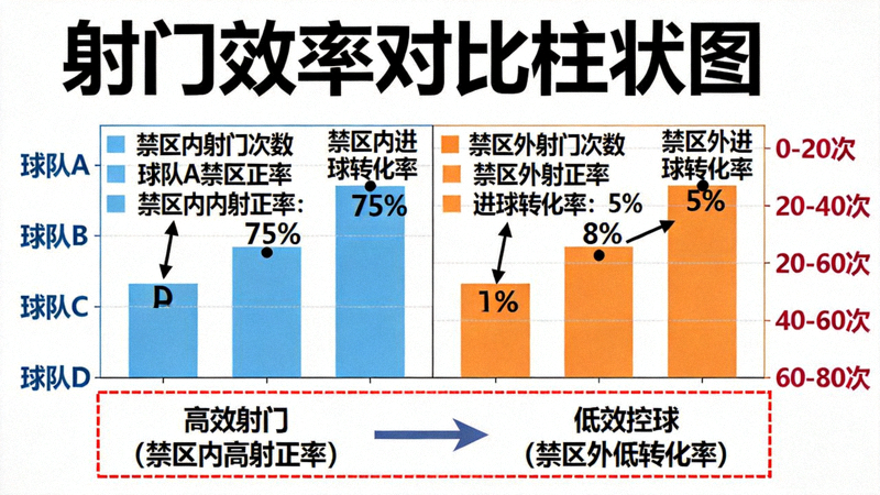 射门效率对比柱状图，展示不同球队在禁区内外射门次数、射正率、进球转化率等关键指标的差异，突出高效射门与低效控球的对比