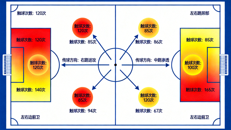 中场球员控球影响力热力图，展示球员在不同区域的触球次数与传球方向，用于评估中场球员对控球节奏和进攻组织的实际贡献