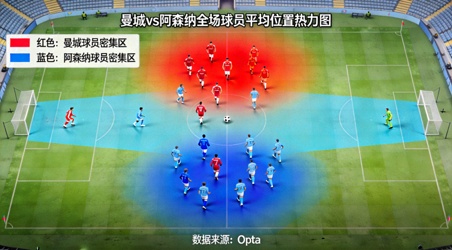 曼城对阵阿森纳全场球员平均位置热力图，显示曼城整体阵型压过半场，阿森纳则收缩防守并利用纵深空间