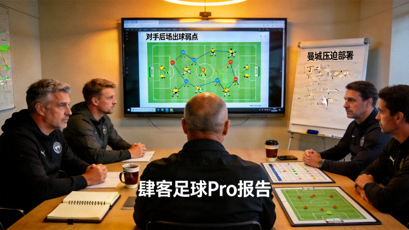 赛前准备会议场景，教练组利用肆客足球Pro报告分析对手后场出球弱点与曼城压迫部署