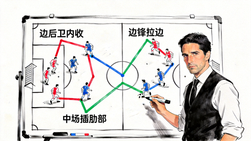 阿尔特塔在战术板上绘制边中结合进攻路线，展示边后卫内收形成中场人数优势，边锋拉边拉开宽度，中场球员插入肋部空当的战术设计