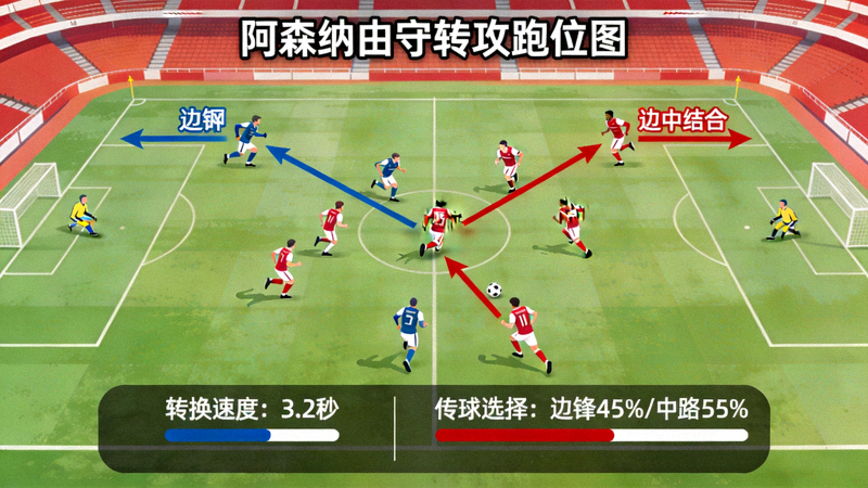 阿森纳由守转攻瞬间的球员跑位图，展示边锋立即拉边，中场球员向前冲刺，形成快速边中结合的转换进攻，数据标注了转换速度与传球选择