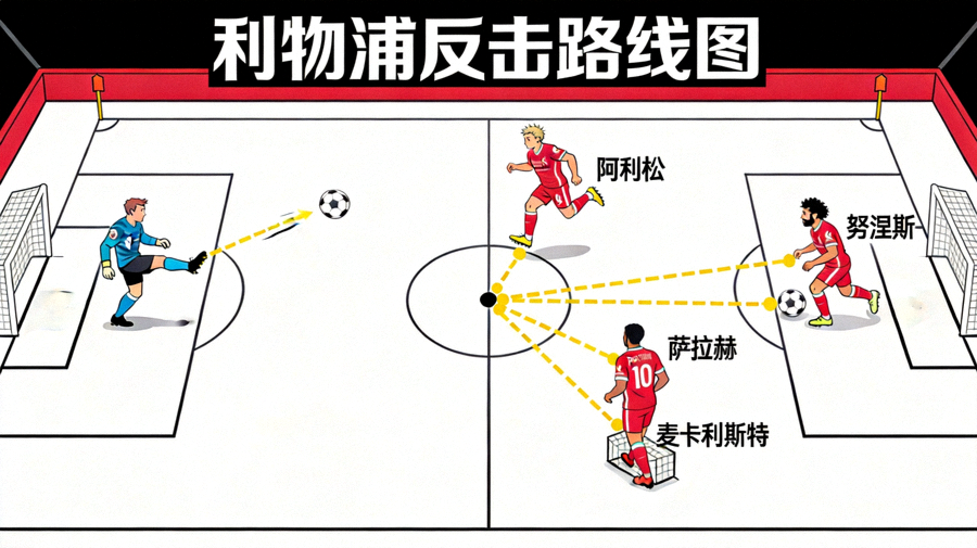 利物浦反击路线图：阿利松长传找到努涅斯，后者头球摆渡给边路插上的萨拉赫，萨拉赫内切后横传，麦卡利斯特中路包抄射门