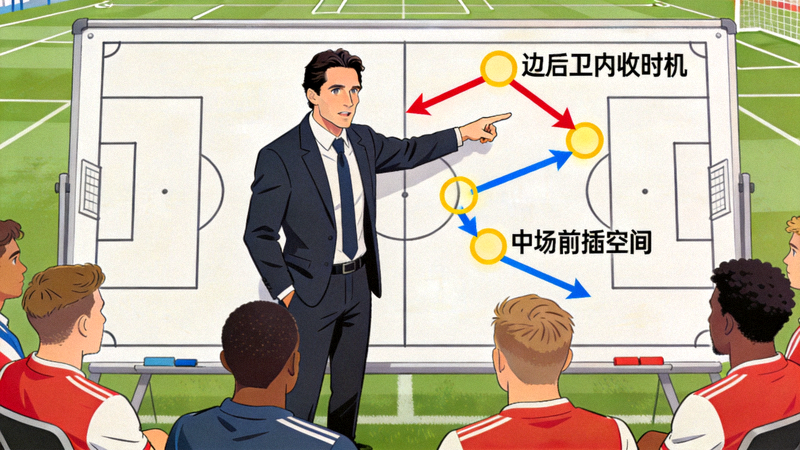 阿尔特塔在战术板前向球员讲解边中结合跑位路线，重点标注边后卫内收与中场前插的时机与空间