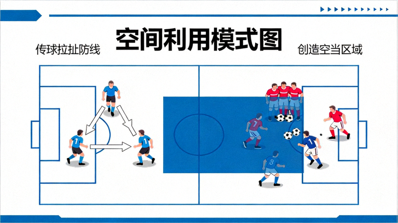 空间利用模式图，展示如何通过传球拉扯防线创造空当，蓝色区域代表可利用空间