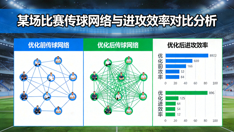 实战案例研究图，展示某场比赛前后传球网络的变化，对比优化前后的进攻效率数据