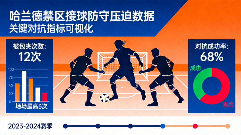 哈兰德在禁区内接球时受到防守压迫的数据可视化，展示被包夹次数、对抗成功率等关键指标
