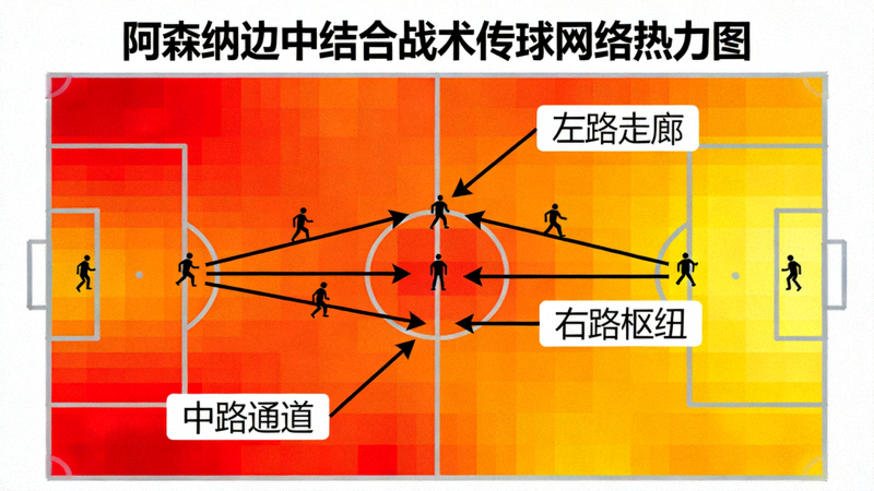 阿森纳对阵强敌时的传球网络热力图，显示边路与中路密集连接，体现边中结合战术体系下的传球分布与进攻方向
