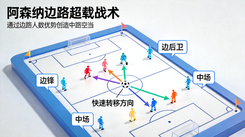 战术板示意图展示阿森纳边路超载战术，通过边锋、边后卫与中场在边路形成人数优势，随后快速转移至中路空当