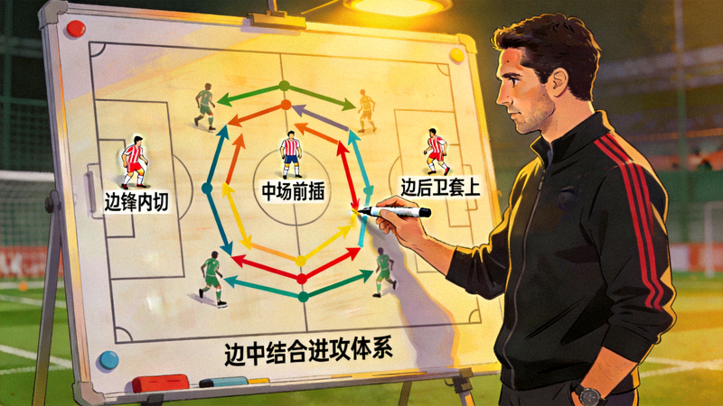 阿尔特塔在战术板上绘制边中结合进攻路线，展示边锋内切、中场前插与边后卫套上的多重进攻层次