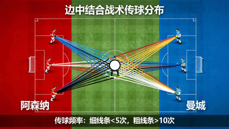 阿森纳对阵曼城的传球网络图，显示边锋与中场之间的密集连线，体现边中结合战术下的传球分布与核心枢纽球员