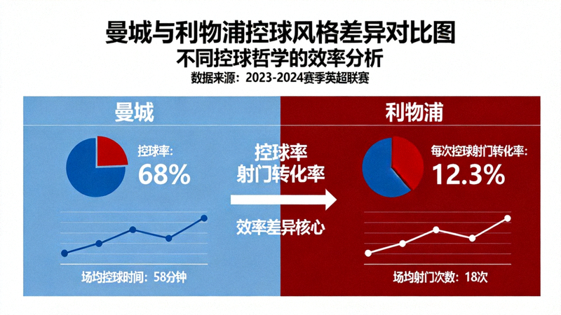案例研究对比图：曼城与利物浦的控球风格差异，曼城控球率更高但利物浦的每次控球射门转化率更高，展示不同控球哲学的效率差异