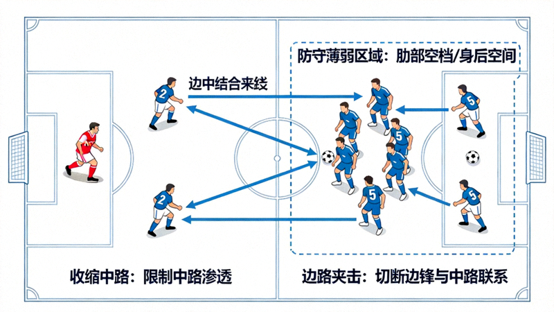 对手防守阵型示意图，展示如何通过收缩中路与边路夹击来限制阿森纳的边中结合进攻，并标注防守薄弱区域