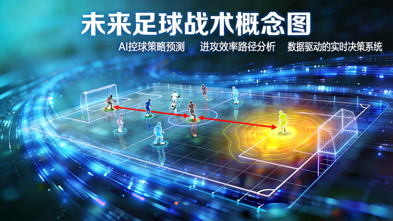 未来足球战术概念图：数据流与球员位置预测模型叠加，展示AI如何预测最优控球策略与进攻效率最大化路径