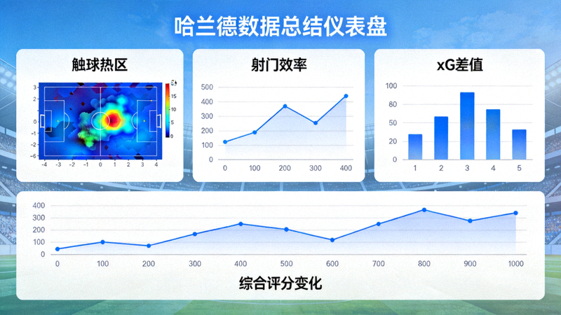 哈兰德数据总结仪表盘，综合展示其触球热区、射门效率、xG差值等核心指标的综合评分变化