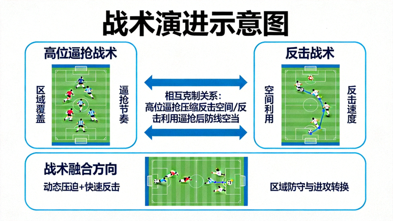 战术演进示意图展示高位逼抢与反击战术的相互克制关系，以及未来可能的战术融合方向
