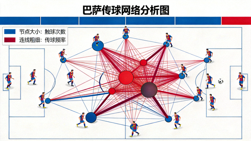 巴萨传球网络可视化图，节点大小代表球员触球次数，连线粗细表示传球频率，突出中场核心与边锋的连接模式