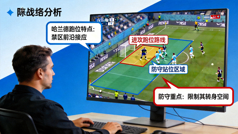 战术专家在分析哈兰德比赛录像时标注的战术跑位与防守站位示意图