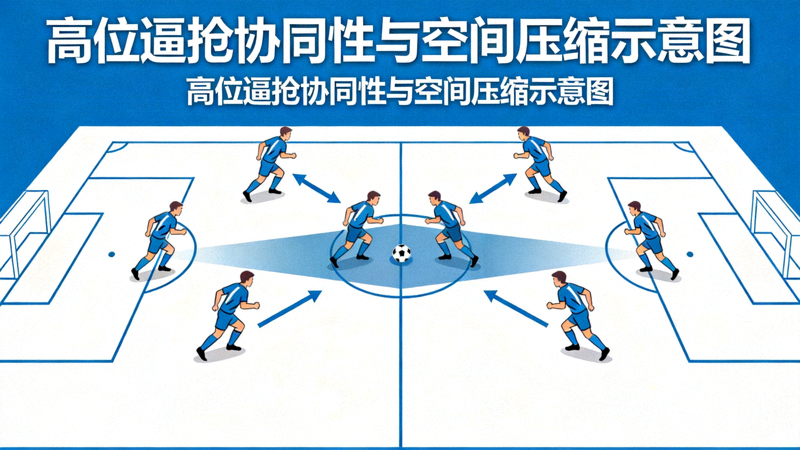 高位逼抢协同性与空间压缩示意图：多名球员同步移动，箭头显示压迫方向，阴影区域显示被压缩的传球空间