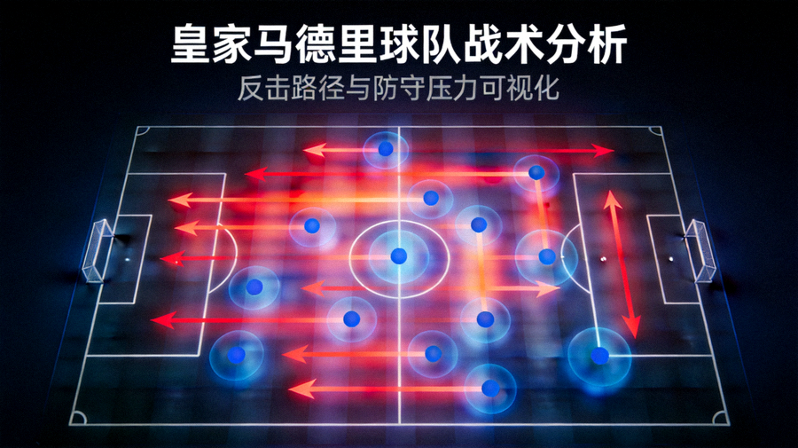 皇家马德里球队战术分析主视觉图：球场半场示意图叠加了皇马反击路径的热力箭头与防守区域的压力点标记