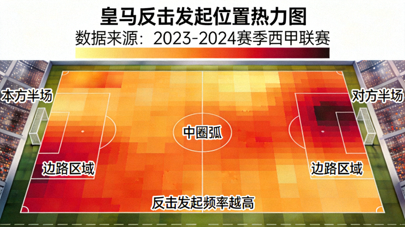 皇马反击发起位置热力图：图表显示反击主要发起于本方半场中圈弧附近及对方半场边路区域，颜色越深表示频率越高